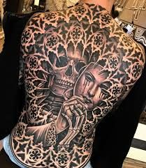 a man's back with a skull and cross tattoo on it