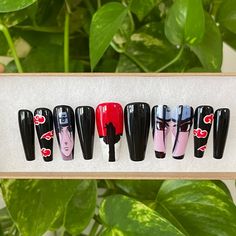 Sasuke Nails, Naruto Nails, Coffin Shaped Nails, Nail Signs, Sasuke Naruto, Anime Custom, Custom Nails, Cute Short Nails, Long Press On Nails