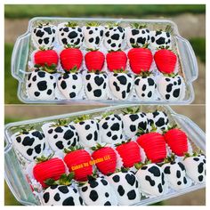 two trays filled with strawberries covered in black and white polka dot paper hearts