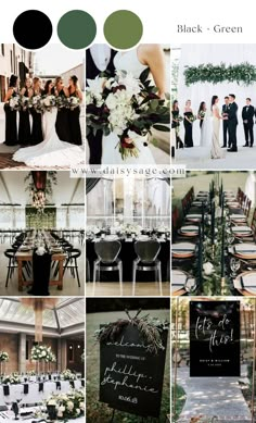 a collage of black and green wedding colors