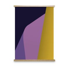 an abstract painting with purple, yellow and blue colors on a white background framed in wood