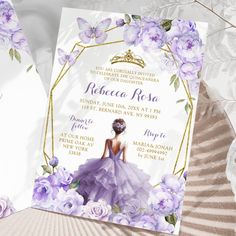 a purple and gold princess birthday party with flowers on the front, an elegant tiara in the back