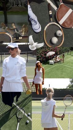 tennis players and their rackets on the court in different positions, including one woman holding a racquet