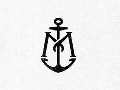 an anchor with the letter m on it's side, in black and white