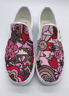 These hand painted hippie flower vans are painted with water/washer proof fabric paint. They make a great gift for any vans or shoe lover! Each shoe is specially designed and painted by me so every pair is fully customizable! Message me with what color scheme you would like as well as any other changes you would like me to make! For sizing questions please refer to the size chart or message me with any questions or concerns. My average production time is around 3-5 weeks to complete and ship out Hand Painted Pink Sneakers For Spring, Artistic Pink Sneakers With Round Toe, Artistic Pink Round Toe Sneakers, Hand Painted White Custom Sneakers For Summer, Hand Painted Slip-on Sneakers For Spring, Spring Canvas Custom Sneakers With Rubber Sole, Artistic Hand Painted Custom Sneakers For Spring, Shoe Painting Ideas Vans, Painted Vans Slip On