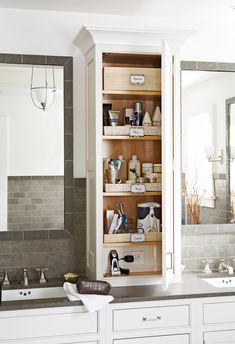 the bathroom is clean and ready to be used as a storage area for personal items