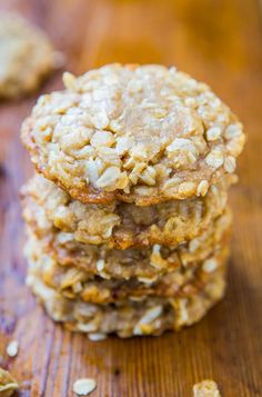 three oatmeal cookies stacked on top of each other