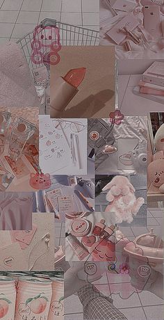 a collage of photos with pink items in them