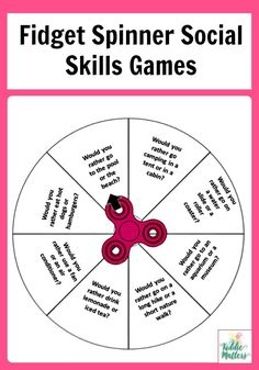 a pink wheel with the words fidgett spiner social skills games on it