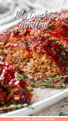 a meatloaf is cut into slices on a white plate with the words, ribs cooked meatloaf