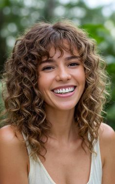 Shoulder Length Curly Haircuts With Bangs, Long Layered Curly Hair With Bangs, Curly Hair With Bangs Blonde, Curly Hairstyles With Fringe, Fringe On Curly Hair, Haircuts For Curly Hair With Bangs, Medium Length Curly Hair With Layers And Bangs, Long Curly Bangs Hairstyles, Curly Long Bob With Bangs