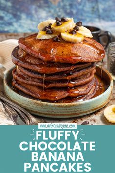 a stack of chocolate banana pancakes topped with sliced banana, chocolate chips and maple syrup Sweet Potato Pancakes Vegan, Pancakes For Breakfast, Vegan Breakfasts, Sweet Potato Pancakes, Chocolate Pancakes, Vegetarian Lifestyle