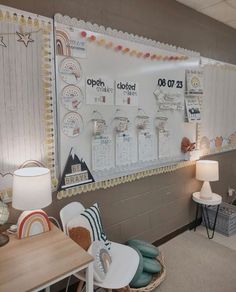 a classroom with chairs, desks and bulletin boards on the wall in front of them