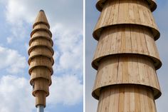 two pictures of a tall wooden tower with a sky in the back ground and clouds in the background