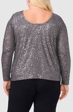 Dazzling sequins add party-ready style to this long-sleeve top punctuated with a chic dipped back. 28" length (size 3X) Boat neck Long sleeves 95% polyester, 5% spandex Machine wash, tumble dry Imported Sequin Tunic, Alex Evenings, Party Look, Pearl Grey, Party Looks, Three Quarter Sleeves, Boat Neck, Three Quarter, Scoop Neck