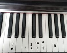 a close up of a piano keyboard with numbers on it