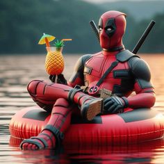 deadpool sitting on an inflatable raft holding a pineapple