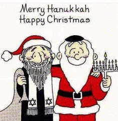 two cartoon santas holding candles with merry hanukkah written on it and the caption happy christmas