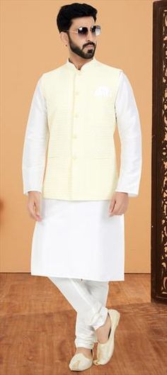 White and Off White color Kurta Pyjama with Jacket in Banarasi Silk fabric with Sequence work Luxury White Cotton Silk Nehru Jacket, Kurta Pyjama With Jacket, Party Wear Kurta, Kurta Pyjama, Sequence Work, Thread Work, Off White Color, Super Sale, Silk Fabric