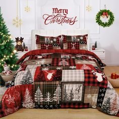 a christmas themed bed in a bedroom