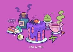 a cartoon cake surrounded by condiments and other food items on a purple background