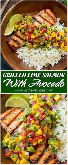 grilled salmon with avocado and mango salsa on rice in a brown bowl