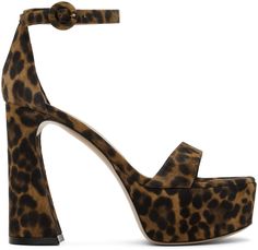 Suede heeled sandals in brown. Leopard pattern printed throughout. · Open round toe · Strap at vamp · Adjustable pin-buckle ankle strap · Logo stamp at leather footbed · Covered platform midsole · Covered block heel with rubber injection · Leather outsole · Heel: H4.5 in · Platform: H1.75 in Supplier color: Almond leopard print Panther Print, Leopard Print Fashion, Leopard Print Heels, Leopard Heels, Brown Leopard, Black Sandals Heels, Leopard Pattern, Leather Outfit, Suede Heels