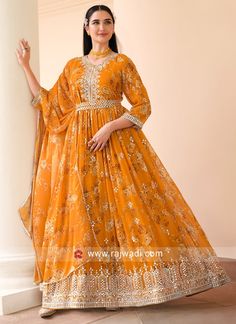 Angrakha Style, Lehenga Gown, Fancy Print, Readymade Saree, Salwar Kameez Online, Mustard Color