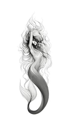 a black and white drawing of a mermaid with her long hair blowing in the wind