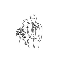 a man and woman are standing next to each other, one is holding a bouquet of flowers