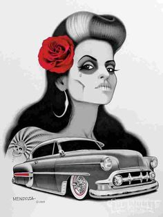 a drawing of a woman with a blue rose in her hair and an old car