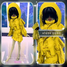 two pictures of a woman in yellow raincoats