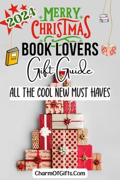 a christmas tree made out of presents with the words merry book lovers gift guide all the cool new must haves