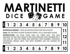 the back side of a game card with numbers and dices on it, which reads martiniette dice game