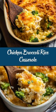 chicken broccoli rice casserole in a white dish with a wooden spoon