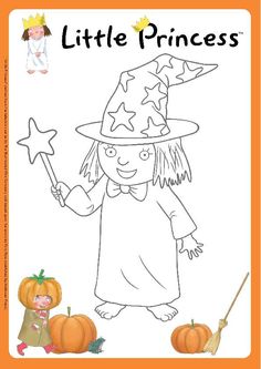 a little princess coloring page with pumpkins and a scarecrow on it's head