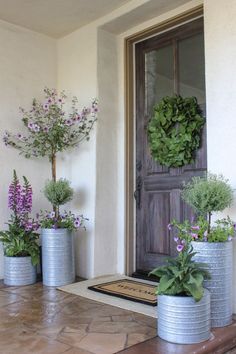 three metal planters with plants in them on the front porch, next to a door