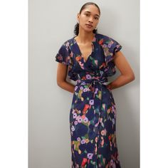 Multicolored floral (100% Polyester). Gown. Short sleeves. V-neck. Tie closure. 58" from shoulder to hemline. Imported. V-neck Floral Print Wrap Dress For Garden Party, Floral Print V-neck Wrap Dress For Garden Party, Multicolor Floral Print Dress With Surplice Neckline, Blue Floral Print V-neck Wrap Dress, Rent The Runway, Closet Designs, Hutch, Strappy Sandals, Black Print