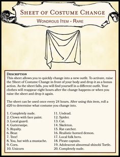 a sheet of costume change with instructions for how to tie it and what to do