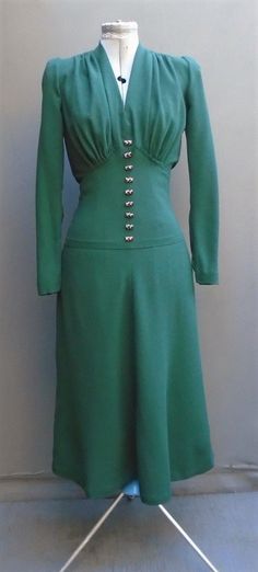 "This replicated pattern is sized to fit a 36 inch bust / 30 inch waist / 39 inch hip. As per original 1938 pattern description: Misses' and women's dress, utterly feminine and lovely, this dress has the soft gathered bodice and snug waist yoke that is so good for the figure. The neckline is a low V; skirt is slightly flared. Style 1 has buttons and a sash trimming the yoke, long sleeves. Style 2 has short sleeves and is shown with an optional belt. SUGGESTED MATERIALS: Plain or Printed Heavy Sh V Skirt, 1930s Outfits, 1930s Fashion Women, 1930s Fashion Dresses, 30s Dresses, Vintage 1930s Dress, 30 Inch Waist, Southern Fashion, Gathered Bodice