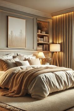 a bedroom with a bed, lamps and pictures on the wall