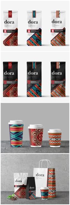 several different types of coffee bags and their packaging designs are shown in this graphic style