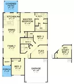 two story house plan with garage and attached living room, dining area, and kitchen