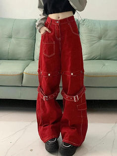 ⚡Buy 2024 Top-stitching Buckle Design Removable Wide Leg Pants Red S under $62.00 in Pants at AnotherChill.com Online. Style: Casual/Street/Punk/Vintage/Y2K/Hip Pop. Fabric Content: Cotton. Fit Type: Loose Fit. Comfortable Fit: With a loose fit, these pants offer ultimate comfort without compromising on style.. Unique Design: These pants feature a top stitching and buckle design, making them a standout piece in any wardrobe. The removable parts add a versatile touch, allowing you to change up yo Street Punk, 2000s Outfits, Baby Tees Y2k, Punk Vintage, Y2k Baby Tee, Red Pants, Pantalon Large, Crop Top Blouse