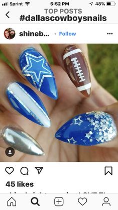 Nfl Nail Art, Dallas Cowboys Nail Art, Dallas Cowboys Nails Acrylics, Dallas Cowboys Nail Designs, Cowboys Nails, Dallas Cowboys Nails, Nfl Nails, Football Nail Designs, Inspirational Nails