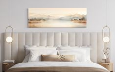 "Create a serene and elegant atmosphere in your bedroom with our Neutral Beige Watercolor Over Bed Wall Art. This enchanting artwork features a mountains and lake painting in soothing neutral beige watercolors, adding a touch of minimalist charm to your bedroom decor. Whether you choose it framed or unframed, this canvas print is ready to hang, effortlessly becoming a captivating centerpiece above your bed. Embrace the calming beauty of nature with this remarkable piece, perfect for adding a sen Over Bed Wall Art, Bed Wall Art, Earth Tone Wall Art, Panoramic Wall Art, Canvas Frames, Visual Display, Bed Wall, Painting Canvas, Earth Tones