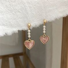 Earrings Pearl Drop, Pink Heart Earrings, Korean Earrings, Heart Shaped Earrings, Fancy Jewellery, Earrings Pearl, Earrings Pink