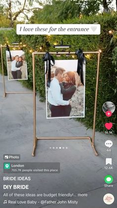 an outdoor photo frame with two pictures hanging from it's sides and the words i love these for the entrance