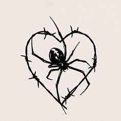 a black and white drawing of a spider in a heart