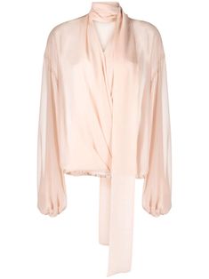 rose pink silk scarf detailing V-neck long sleeves elasticated cuffs elasticated hem Designer Silk V-neck Blouse, Luxury Pink Blouse, Chic Long Sleeve Silk Chiffon Tops, Pink V-neck Blouse With Blouson Sleeves, Pink Blouson Sleeves V-neck Blouse, Feminine Silk Blouse With Blouson Sleeves, Elegant Pink Silk Tops, Silk Blouse With Blouson Sleeves And V-neck, Elegant Pink Blouse With Blouson Sleeves